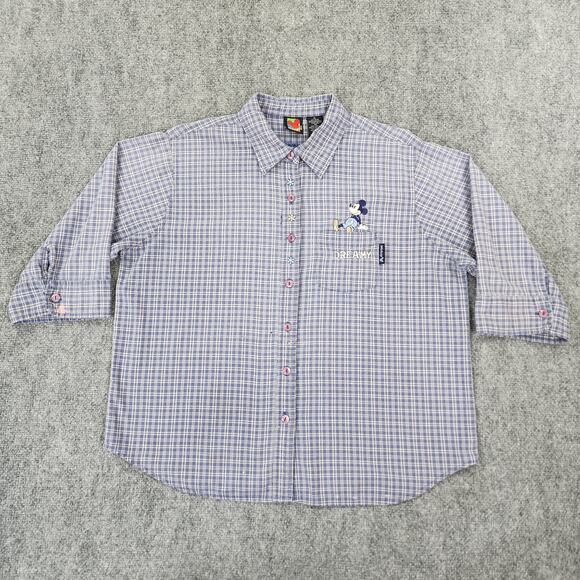 Vtg Mickey Unlimited Top Womens XL Blue Plaid 3/4 Sleeve Embroidered Button Up - Picture 1 of 16